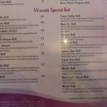 Wasabi Bistro - Menu (didn't photograph the entire menu) - Japanese Near Me - Boonton, New Jersey