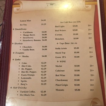 Yucca Kabob - Drink Menu. Their Turkish coffee is great. - Middle Eastern Near Me - Yucca Valley, California