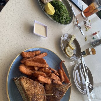 Beach House - Fish&kale salad   pesto sprouted,avocado, tomato with goat cheese sandwich with sweet potatoes fries - Bars Near Me - Pompano Beach, Florida