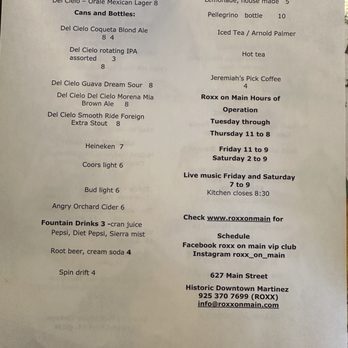 Roxx on Main - Menu April 2023 - American Near Me - Martinez, California