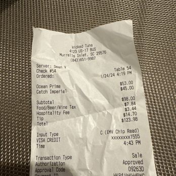 Wicked Tuna - Receipt - New American Near Me - Murrells Inlet, South Carolina Wicked Tuna - Receipt - New American Near Me - Murrells Inlet, South Carolina