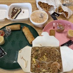 Wok'n World - Shrimp Fried Rice, Spring Roll, Egg Roll, Egg Drop Soup, Fried Chow Mein Noodles (hard, and Cheesecake