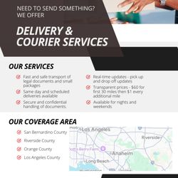 Veraway Enterprises - Courier services. Prices are $60 per delivery with up to 20 miles included. We also offer discounts for frequently worked with customers.