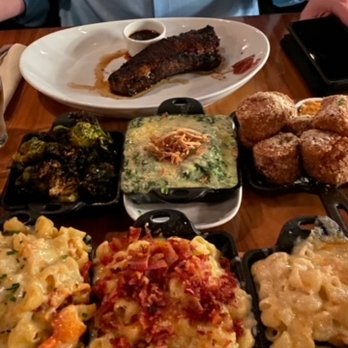 STK Steakhouse Chicago - Mac Trio - Bacon, Lobster, and Plain. Brussel Sprouts, Creamed Spinach, Potato Balls, Strip Steak. - Steakhouses Near Me - Chicago, Illinois STK Steakhouse Chicago - Mac Trio - Bacon, Lobster, and Plain. Brussel Sprouts, Creamed Spinach, Potato Balls, Strip Steak. - Steakhouses Near Me - Chicago, Illinois
