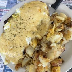 Sally's Hen House - Crab Cake Benedict with home fries