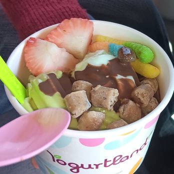 Yogurtland - Pistachio, matcha, and vanilla with gummies, strawberries, cookie dough chunks, and chocolate hard shell - Ice Cream & Frozen Yogurt Near Me - San Bernardino, California Yogurtland - Pistachio, matcha, and vanilla with gummies, strawberries, cookie dough chunks, and chocolate hard shell - Ice Cream & Frozen Yogurt Near Me - San Bernardino, California