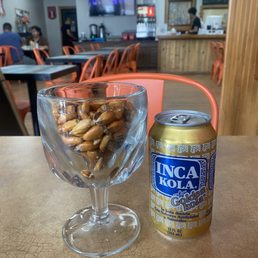 Inca Kola and fried corn (forgot name on menu) Inca Kola and fried corn (forgot name on menu)