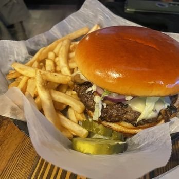 The Depot At Union Station - Mushroom Swiss Burger - American Near Me - LaGrange, Ohio The Depot At Union Station - Mushroom Swiss Burger - American Near Me - LaGrange, Ohio