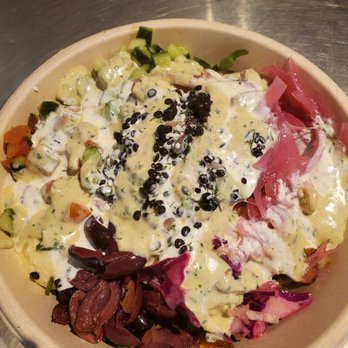 CAVA - My favorite bowl combo w Salad, half chicken and spicy lamb Meatballs, amazing toppings and sauces - Mediterranean Near Me - Dallas, Texas
