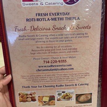Radhe Sweets and Catering - Menu as of March 2022 - Caterers Near Me - Anaheim, California