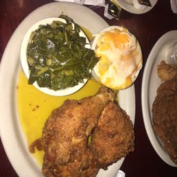 Fry chicken with honey glaze , Mac and cheese and Collard Greens
