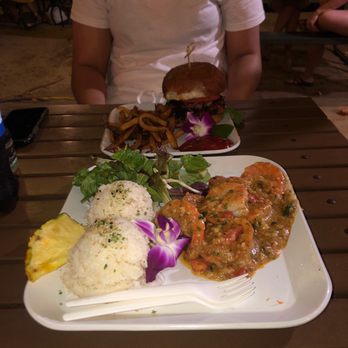 Photo of Barefoot Beach Cafe - Honolulu, HI, United States. Hawaiian chicken burger & world famous garlic shrimp