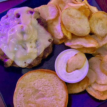 Pub 49 - Mushroom and Swiss Burger with house chips - Burgers Near Me - Harrisburg, North Carolina Pub 49 - Mushroom and Swiss Burger with house chips - Burgers Near Me - Harrisburg, North Carolina