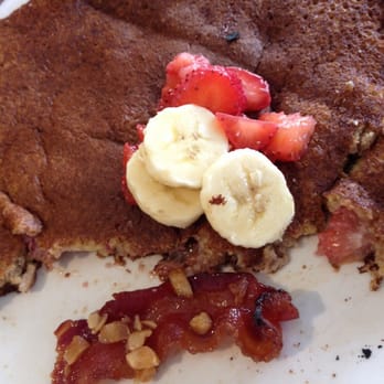 Slappy Cakes - Wheat pancakes with banana and strawberry, candied bacon on the side. - Breakfast & Brunch Near Me - Lahaina, Hawaii