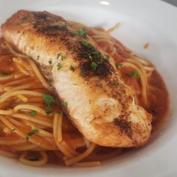 Trufa Restaurant - Blackened Salmon with spaghetti marinara sauce - New American Near Me - New York, New York Trufa Restaurant - Blackened Salmon with spaghetti marinara sauce - New American Near Me - New York, New York