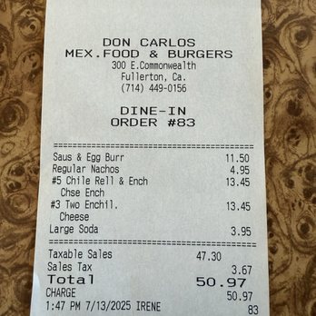 Don Carlos Mexican Restaurant - Bill - Mexican Near Me - Fullerton, California