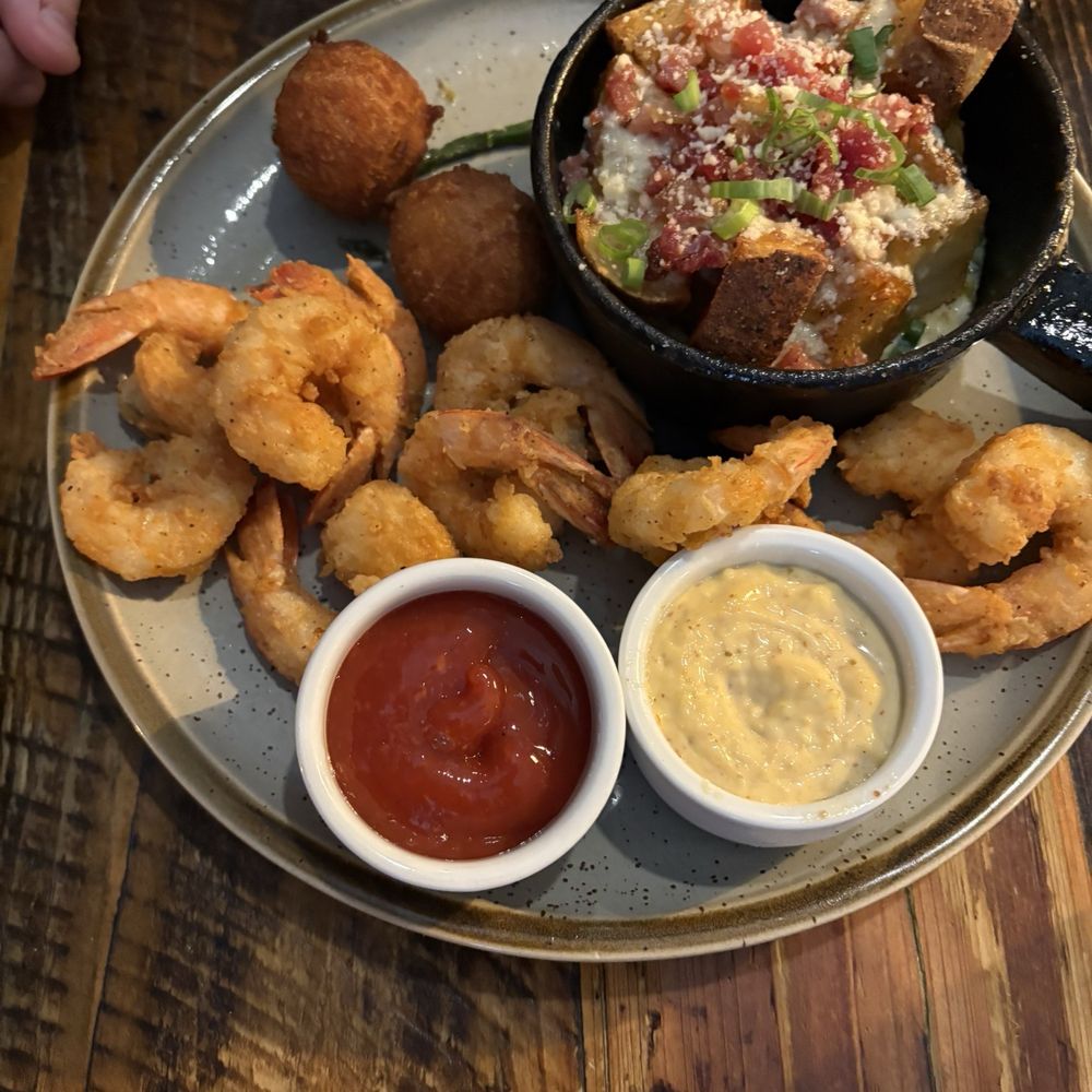 Fried shrimp twice baked potatoes, asparagus Fried shrimp twice baked potatoes, asparagus