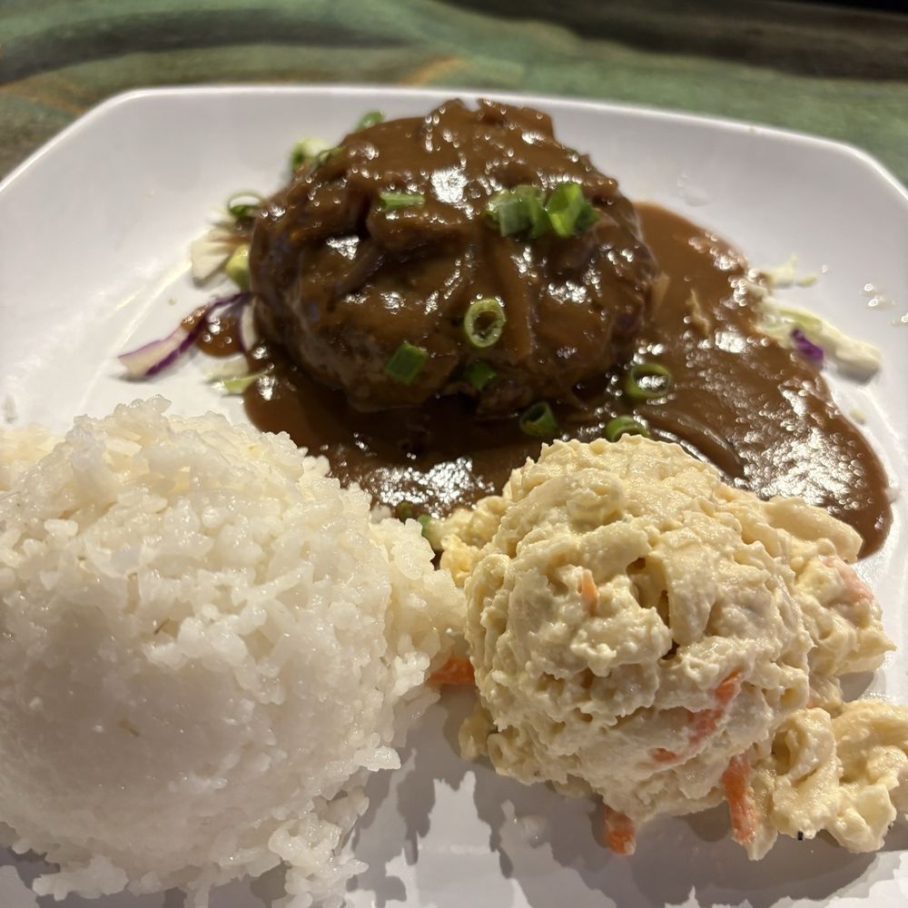 Hamburger Steak, white rice, mac salad (April 2026) Hamburger Steak, white rice, mac salad (April 2026)