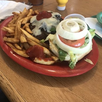 Cafe Creekside - Mushroom Swiss Burger with fries. - Breakfast & Brunch Near Me - Gahanna, Ohio