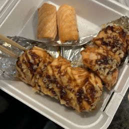 Custom sushi rolls for my son and salmon temptation for me. Custom sushi rolls for my son and salmon temptation for me.