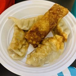 Fried dumplings and an egg roll