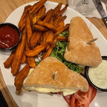 Red White & Brew - Chicken burger with sweet potato fries. Delicious!! - New American Near Me - Prescott, Arizona Red White & Brew - Chicken burger with sweet potato fries. Delicious!! - New American Near Me - Prescott, Arizona