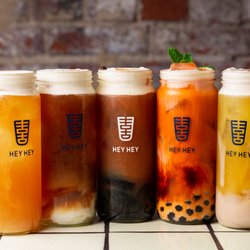 Hey Hey - LATTEA Family:   Jasmine Green, Earl Grey w/ Boba, Black Tea w/ Herbal Jelly, Roasted Oolong w/ Almond Pudding, Osmanthus Oolong w/ Taro
