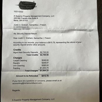 A Superior Property Management - Here's their refund letter - Property Management Near Me - Bend, Oregon