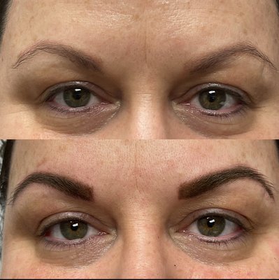 Shaded Brows, Brow Lamination, Nanobrows and Microblading - “I will design brows by mapping your unique facial features to create a natural, balanced shape that flatters you. Whether you have full brows, sparse brows, or even no brow hair at all, I customize each stroke of soft shading to restore harmony and give you brows that look effortlessly natural and perfectly your own.”💫
Powder Brows, also known as Shaded Brows, are a popular form of permanent makeup designed to enhance your natural eyebrows with a soft, powdery finish. This technique creates a beautifully shaded, gradient effect that mimics the look of softly filled-in makeup.
Brow Lamination helps to straighten and soften the look of coarse hair which helps the brow look fuller and smoother after the treatment. You are in and out in 25 minutes!!!