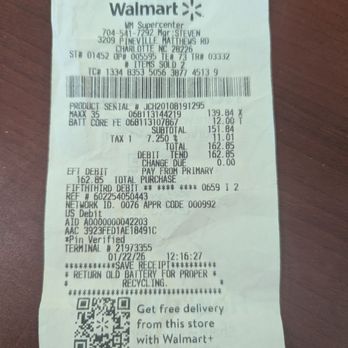 Walmart - Receipt showing core charge - Department Stores Near Me - Charlotte, North Carolina Walmart - Receipt showing core charge - Department Stores Near Me - Charlotte, North Carolina