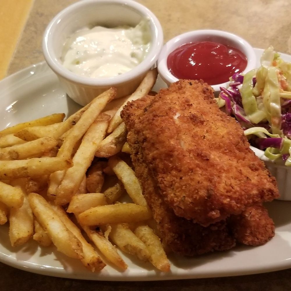 Fish (halibut) and chips with cole slaw Fish (halibut) and chips with cole slaw