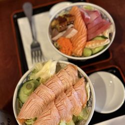 Donburi Station - Seattle - Top to Bottom: Chirashi and Aburi Sake Don