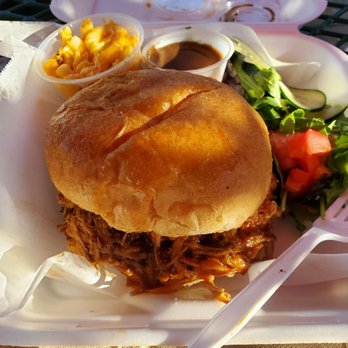 Eastern Sierra Fruit Co. - Pulled Pork Sandwich, Mac-n-Cheese and Salad. - Barbeque Near Me - Mammoth Lakes, California Eastern Sierra Fruit Co. - Pulled Pork Sandwich, Mac-n-Cheese and Salad. - Barbeque Near Me - Mammoth Lakes, California