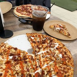 Buffalo chicken pizza and pepperoni pizza...oh and someone's Jack and Coke
