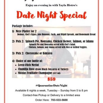 Yayla Bistro - April 2020 Date Night fixed price menu - Mediterranean Near Me - Arlington, Virginia Yayla Bistro - April 2020 Date Night fixed price menu - Mediterranean Near Me - Arlington, Virginia