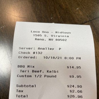 Loco Ono - Receipt - Poke Near Me - Reno, Nevada Loco Ono - Receipt - Poke Near Me - Reno, Nevada