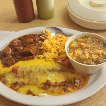 Pollo Picosito - Cheese enchiladas with carne guisada rice and beens. - Mexican Near Me - Live Oak, Texas