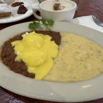 Lucille’s - Cajun breakfast plate with poached eggs and jalapeño cheddar grits - Breakfast & Brunch Near Me - Boulder, Colorado