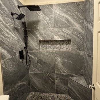 Sacca Tile & Design - Finished shower with bench, soap insert including rainfall shower. - Tiling Near Me Sacca Tile & Design - Finished shower with bench, soap insert including rainfall shower. - Tiling Near Me