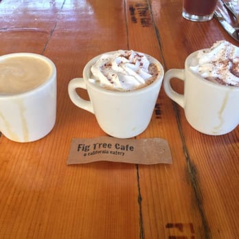 Fig Tree Cafe - Caffeine sampler. From left to right: latte, mocha, and Mexican mocha - Sandwiches Near Me - Pacific Beach, California Fig Tree Cafe - Caffeine sampler. From left to right: latte, mocha, and Mexican mocha - Sandwiches Near Me - Pacific Beach, California