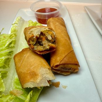 Phoxotic - Beef Spring Roll - Two spring rolls, one cut open to show filling, are served with a small cup of dipping sauce and lettuce on a white rectangular plate. - Vietnamese Near Me - Washington, DC, District of Columbia