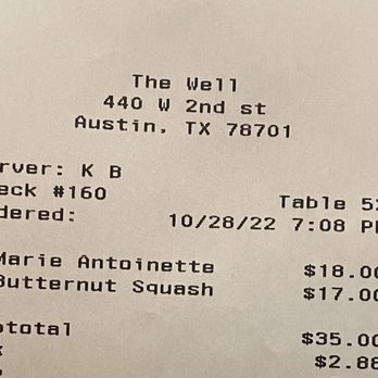 The Well - Receipt - Gluten-Free Near Me - Austin, Texas The Well - Receipt - Gluten-Free Near Me - Austin, Texas