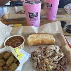 Dickey's Barbecue Pit - Pulled pork, fried okra, beans and Texas toast