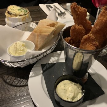 Auberge - Goujonnettes with remoulade (front) and French onion soup in the terrain behind. Delicious. - Breakfast & Brunch Near Me - Zionsville, Indiana