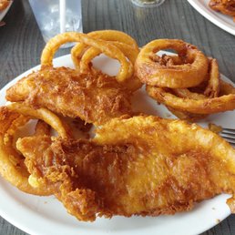 Fish fry with onion rings.