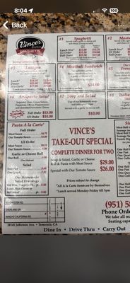 Menu photo 1 Vince's Spaghetti Express Temecula, CA