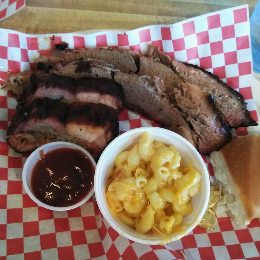 Hog Wild Bar-B-Que - 2 meat plate w/ sides( brisket, baby back ribs, mac n cheese, roll) ~$15 - Barbeque Near Me - Placerville, California