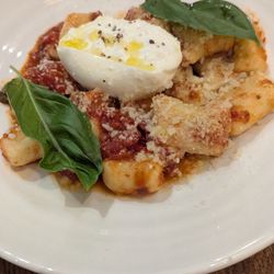 Gnocchi in tomato sauce with burrata.
