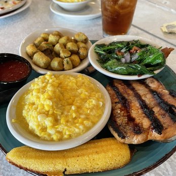 Ramsey's Diner - Lexington - Pork tenderloin, creamed corn, fried okra, and sautéed spinach. - Southern Near Me - Lexington, Kentucky