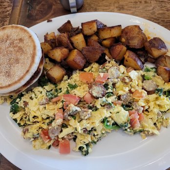 Early Harvest Diner - Spinach, tomatoes, turkey sausage scrambled no cheese. Home fries and english muffin YUM. - Diners Near Me - Wakefield, Massachusetts Early Harvest Diner - Spinach, tomatoes, turkey sausage scrambled no cheese. Home fries and english muffin YUM. - Diners Near Me - Wakefield, Massachusetts